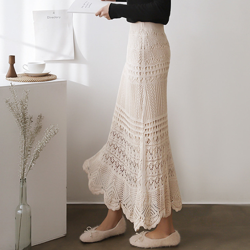 Skirt women spring and autumn 200 jin high waist loose plus size crochet hollow knit hip-hugging mid-length skirt women 90cm