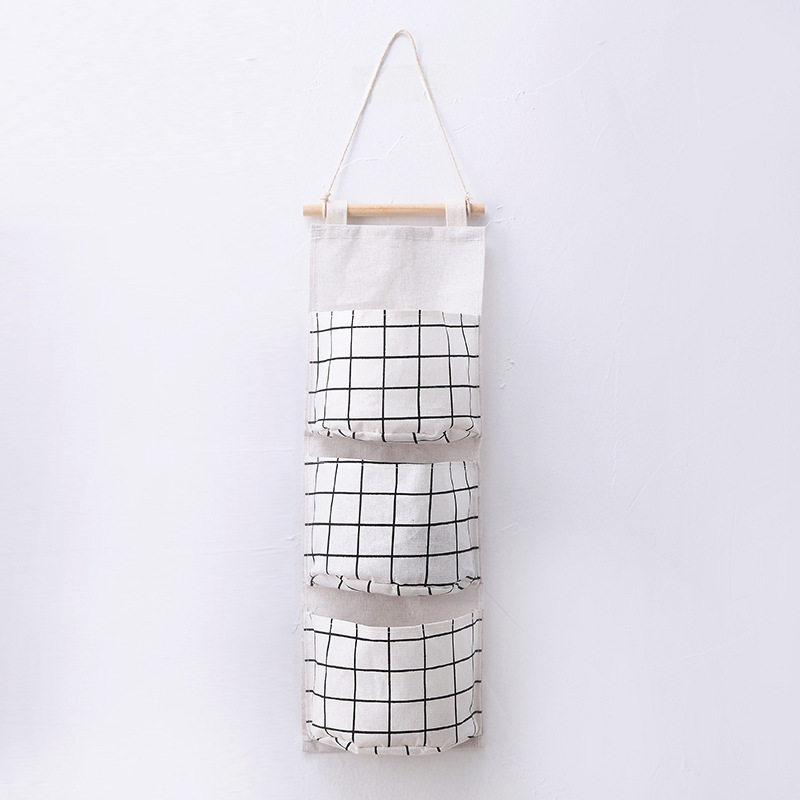 Grid Linen Storage Hanging Pouch with Three Pockets, Door Organizer, Simple Hanging Storage Pouch