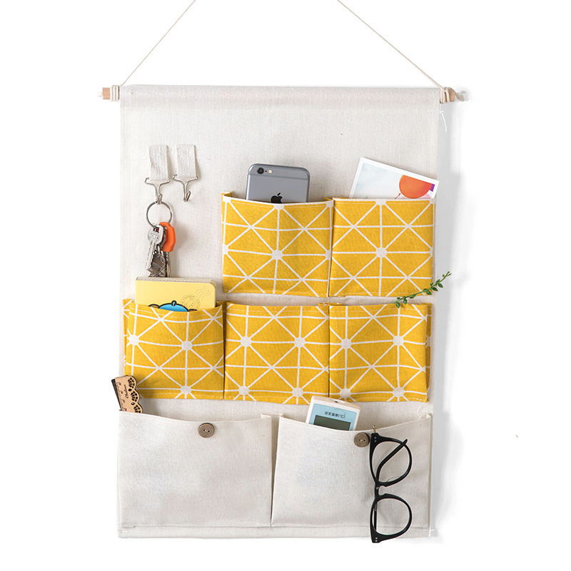 Storage Cleaning Seven-Pocket Storage Bag, Linen Waterproof Hanging Pouch for Sundries, Key Holder, Dormitory Fabric Storage Hanging Bag