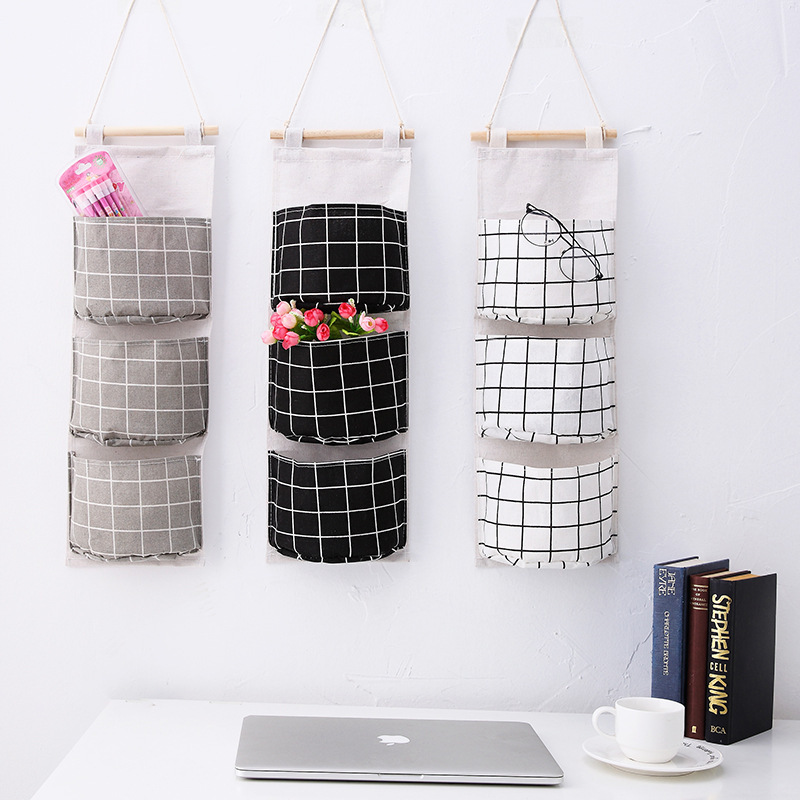 Grid Linen Storage Hanging Pouch with Three Pockets, Door Organizer, Simple Hanging Storage Pouch