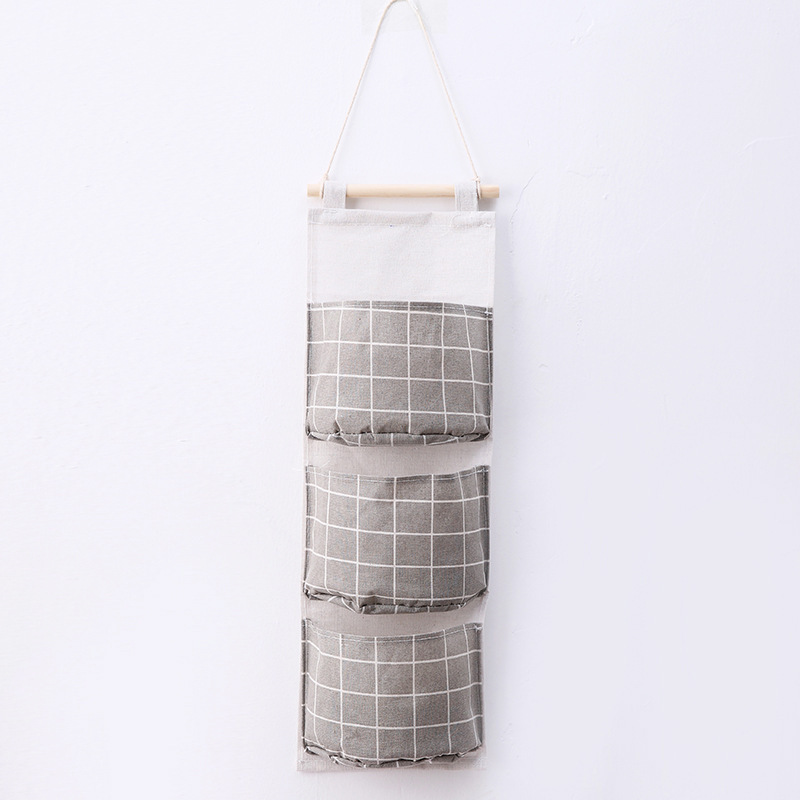 Grid Linen Storage Hanging Pouch with Three Pockets, Door Organizer, Simple Hanging Storage Pouch