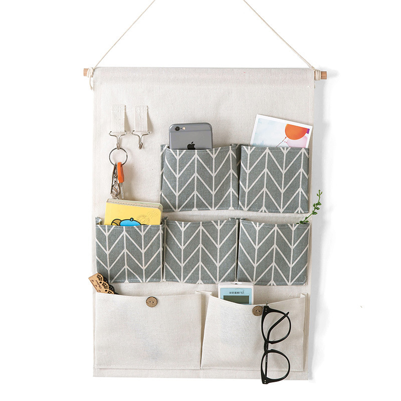 Storage Cleaning Seven-Pocket Storage Bag, Linen Waterproof Hanging Pouch for Sundries, Key Holder, Dormitory Fabric Storage Hanging Bag