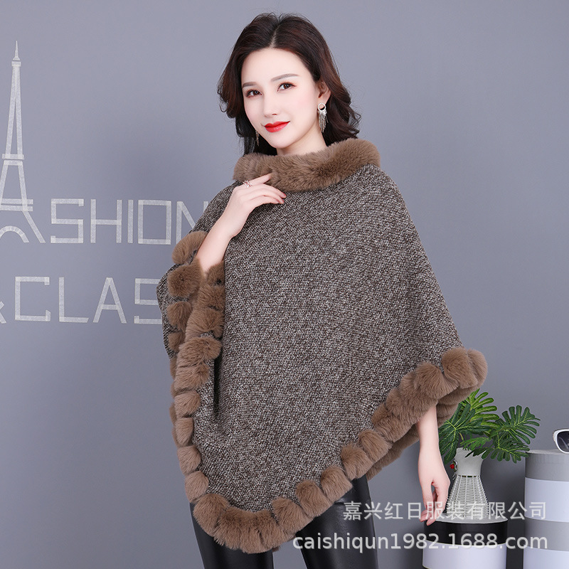 H·SUN Street Style Warp Knit Polyester Fiber Pullover Poncho Cape Imitation Rabbit Fur Collar Scarf Wear