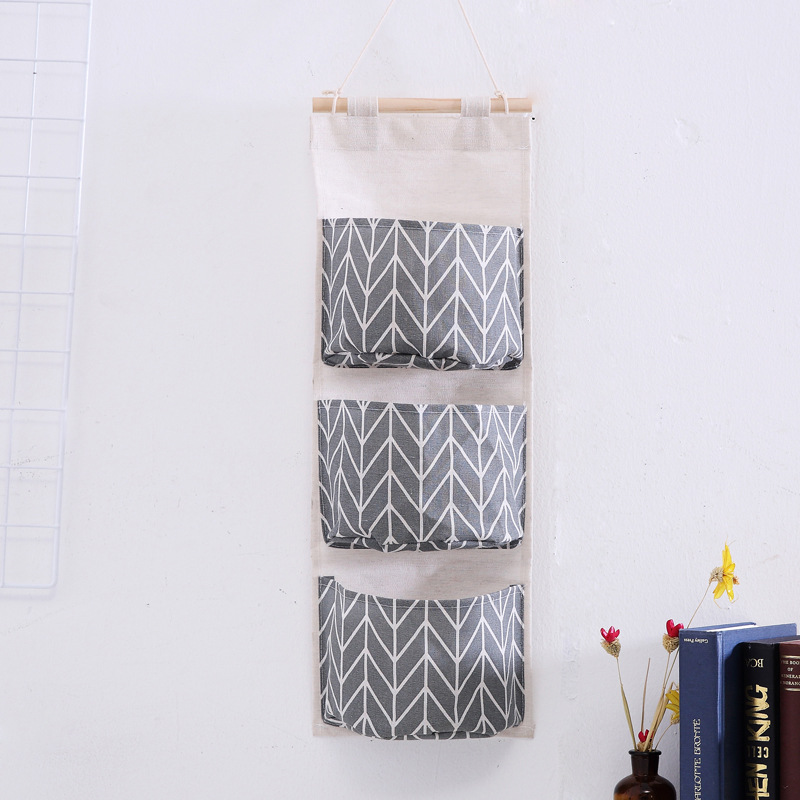 Grid Linen Storage Hanging Pouch with Three Pockets, Door Organizer, Simple Hanging Storage Pouch