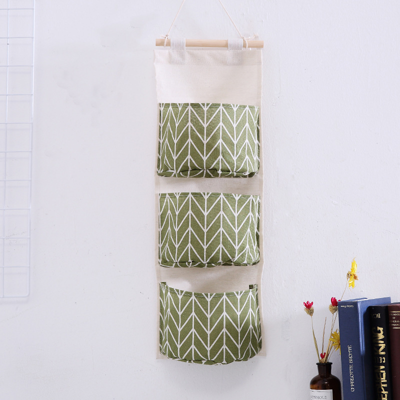 Grid Linen Storage Hanging Pouch with Three Pockets, Door Organizer, Simple Hanging Storage Pouch