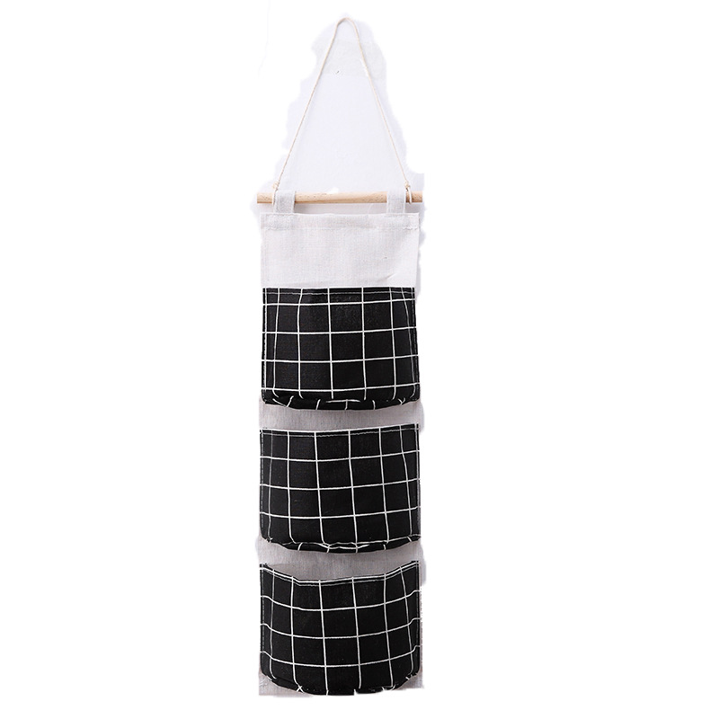 Grid Linen Storage Hanging Pouch with Three Pockets, Door Organizer, Simple Hanging Storage Pouch