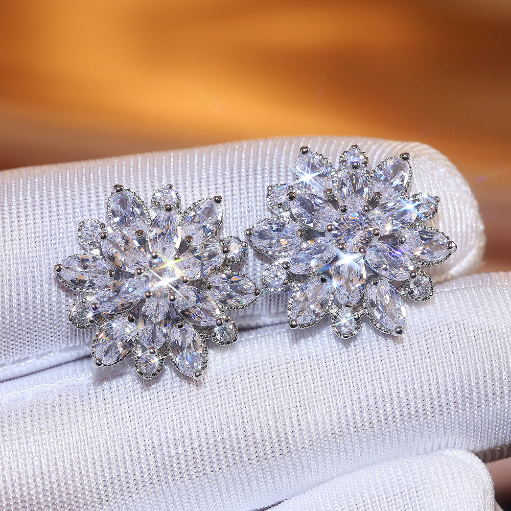 Cao Shi eBay New Luxurious Sunflower Double-Layer Zircon Women's Earrings Women's Copper Ear Accessories