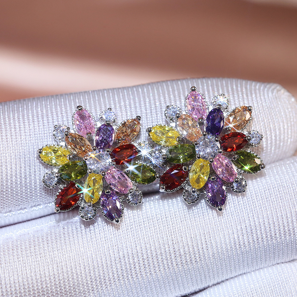 Cao Shi eBay New Luxurious Sunflower Double-Layer Zircon Women's Earrings Women's Copper Ear Accessories