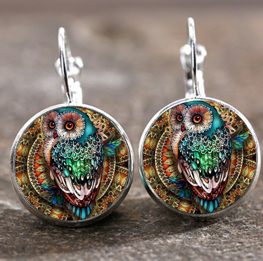 EBAY Colorful Tiger Head Unicorn Peacock Feather Eight Planets Mandala Time Gem Earrings