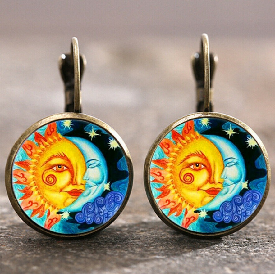 EBAY Colorful Tiger Head Unicorn Peacock Feather Eight Planets Mandala Time Gem Earrings