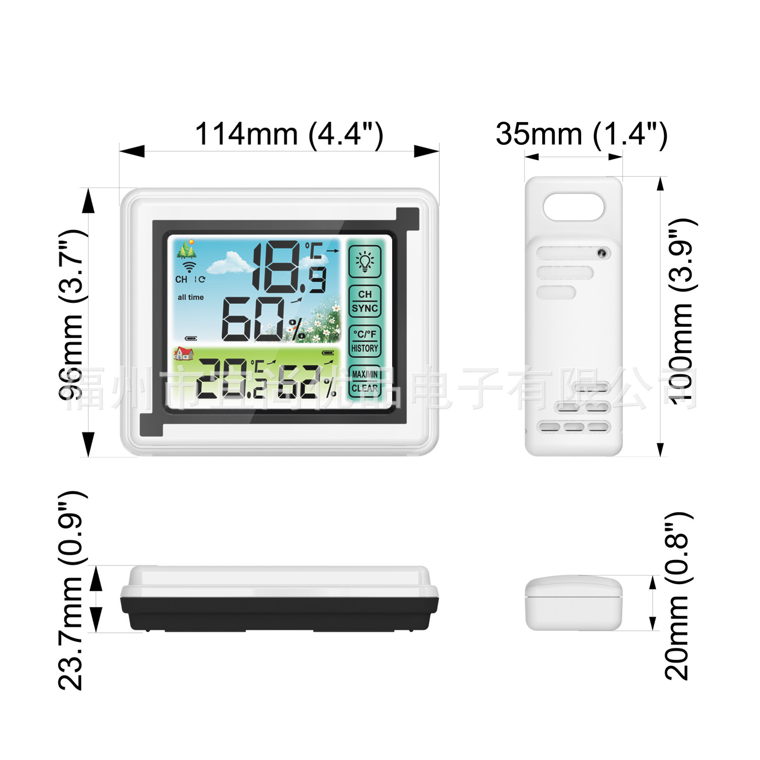 New Color Screen Indoor Outdoor Wireless Thermometer Hygrometer Large Screen Temperature and Humidity Monitor Weather Clock