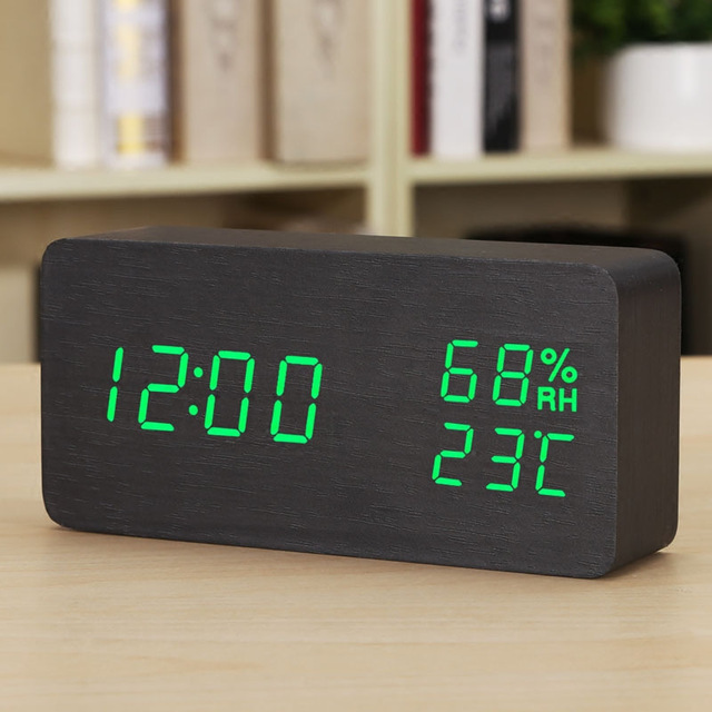 PVC Wooden Digital Alarm Clock Perpetual Calendar Temperature and Humidity Clock LED Triangular Electronic Clock Voice Control LED Wooden Clock