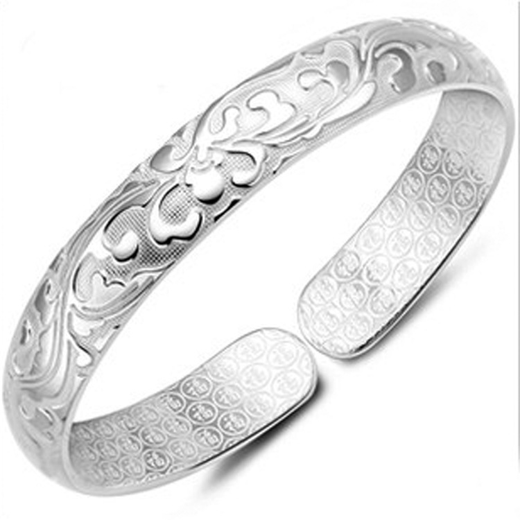 Flourishing pattern silver-plated bracelet lotus Miao silver open wide bracelet women's ethnic style jewelry stall