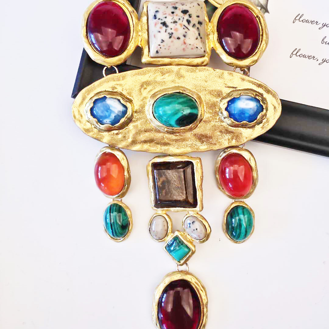 Wind ZA Baroque geometric gem long necklace court style sweater chain