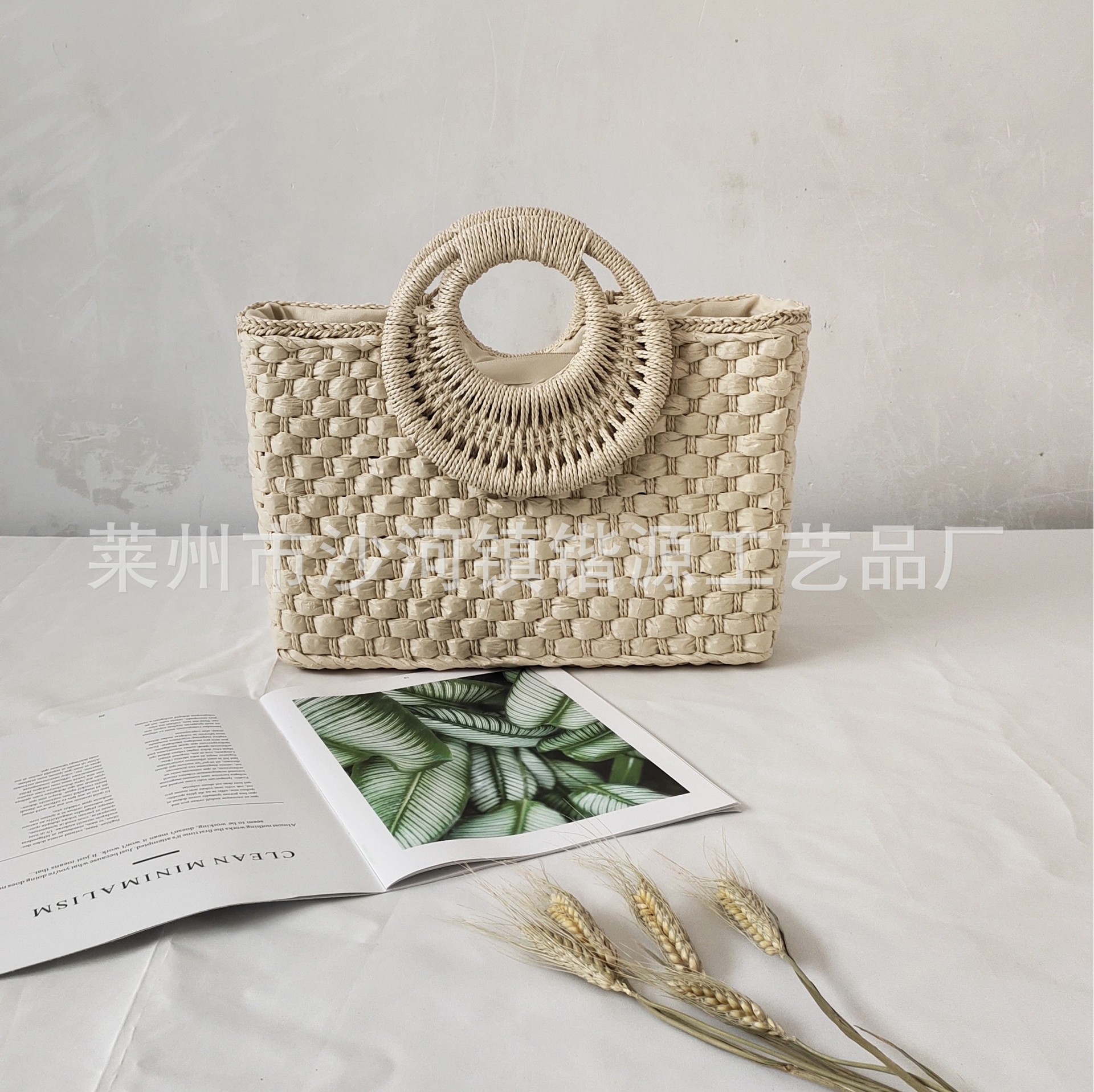 Square bag handbag handmade woven beach bag solid color handbag women's straw woven bag single shoulder