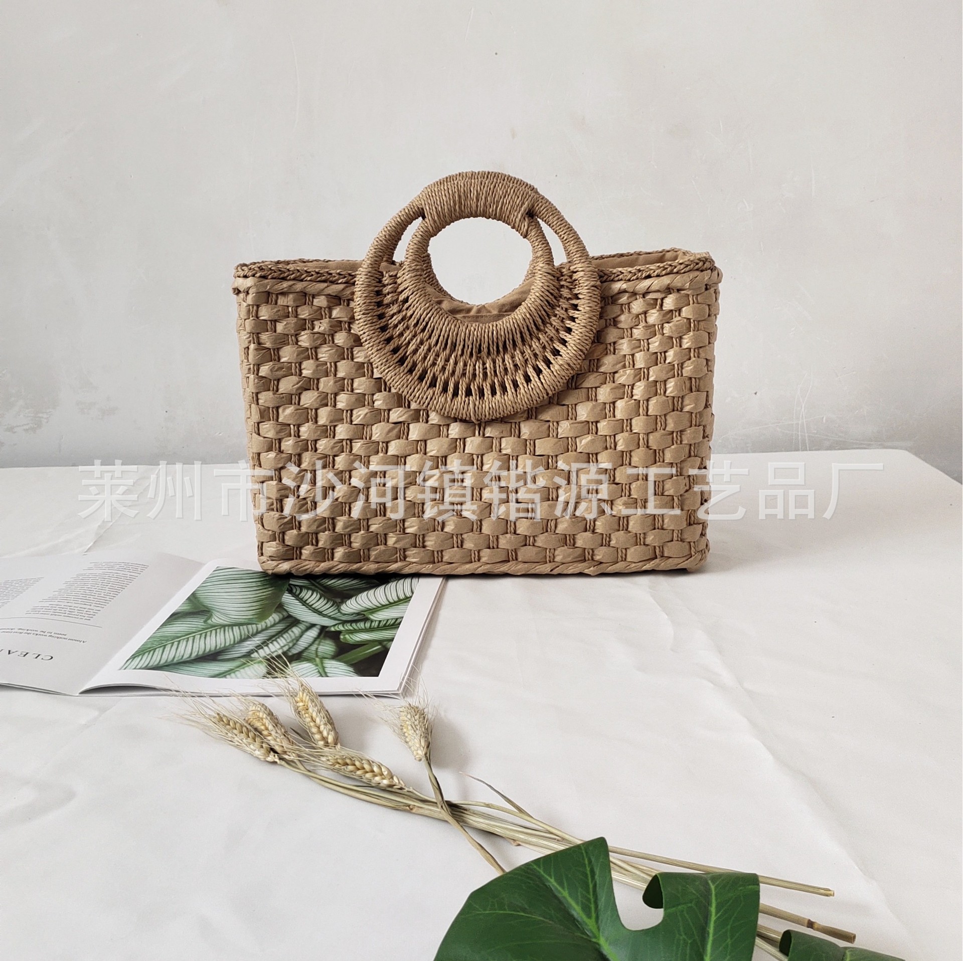 Square bag handbag handmade woven beach bag solid color handbag women's straw woven bag single shoulder