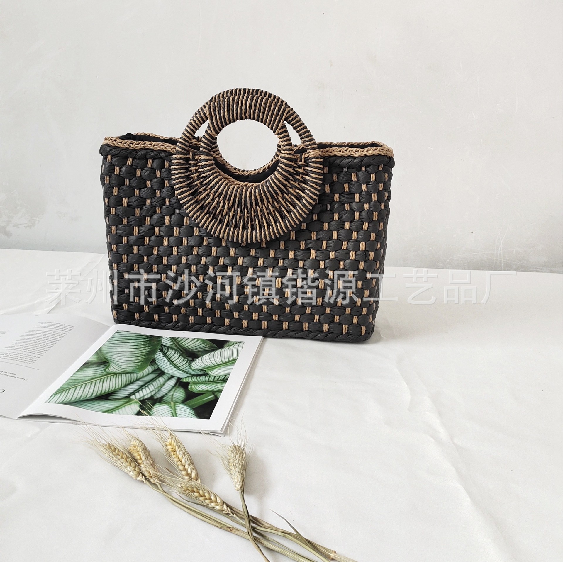 Square bag handbag handmade woven beach bag solid color handbag women's straw woven bag single shoulder