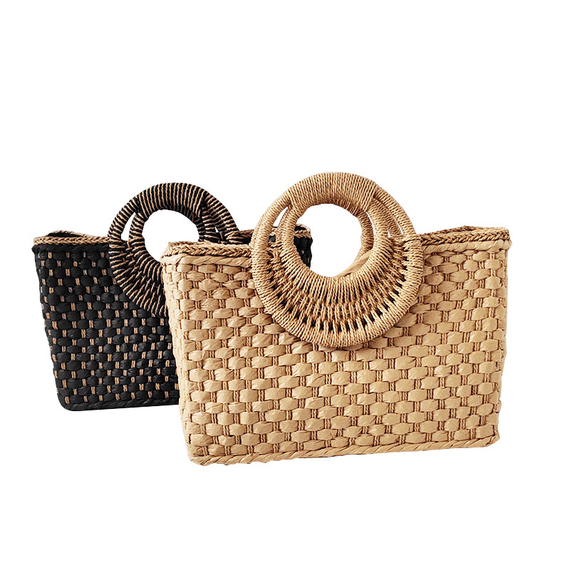 Square bag handbag handmade woven beach bag solid color handbag women's straw woven bag single shoulder