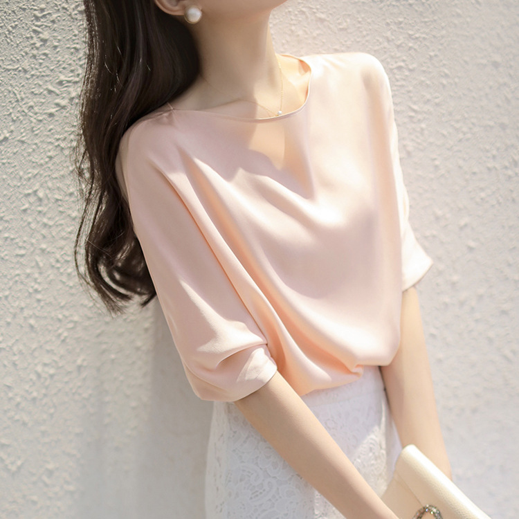 2026 Early Autumn S298 Small Lapel Blouse Women Summer Silk Top Half Sleeve Shirt