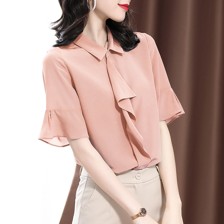 2026 Summer S339 Solid Color Ruffle Blouse 16 Momme Silk Crepe de Chine Shirt Top Women Flared Three-Quarter Sleeve