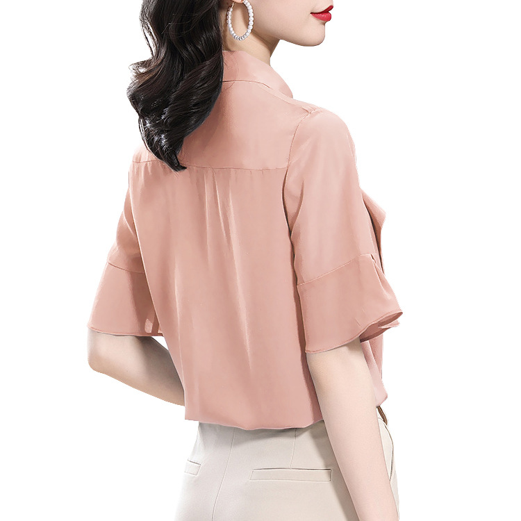 2026 Summer S339 Solid Color Ruffle Blouse 16 Momme Silk Crepe de Chine Shirt Top Women Flared Three-Quarter Sleeve