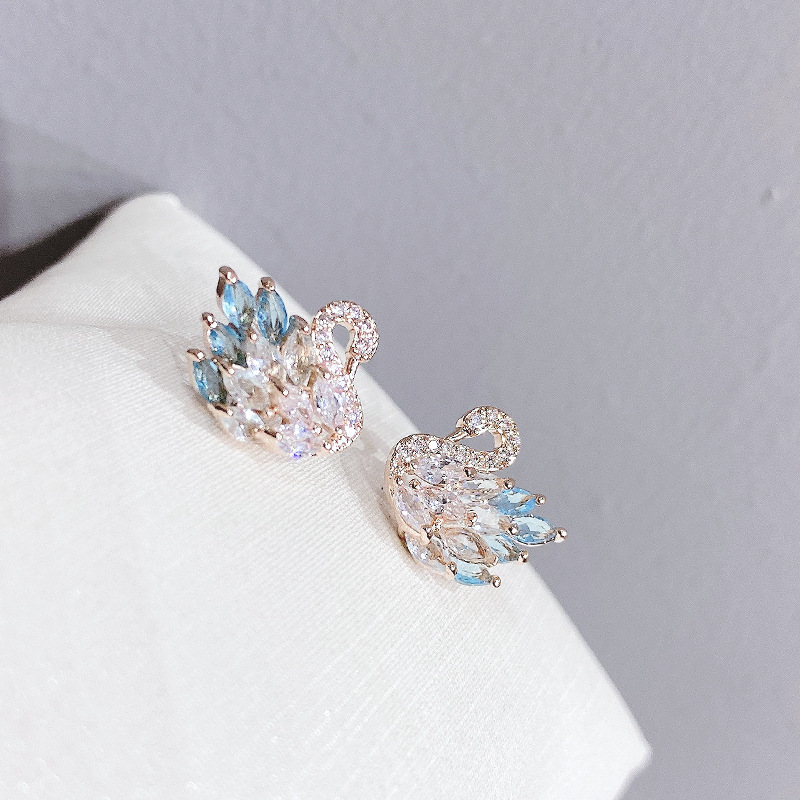 Fluffy duck S925 silver needle ear studs earrings forest style women swan zircon earrings small accessories