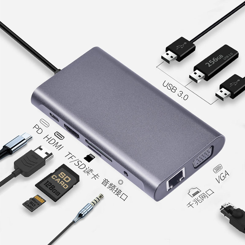 Type-C 10-in-1 Docking Station HDTV+VGA Laptop Notebook Expansion Dock Gigabit Network Card Charging Converter