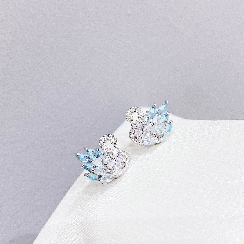 Fluffy duck S925 silver needle ear studs earrings forest style women swan zircon earrings small accessories