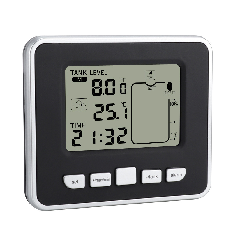 Multifunctional Ultrasonic Water Tank Level Meter Water Level Gauge with Indoor Thermometer Digital Electronic Clock Thermometer