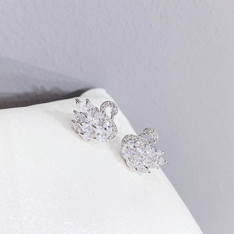 Fluffy duck S925 silver needle ear studs earrings forest style women swan zircon earrings small accessories