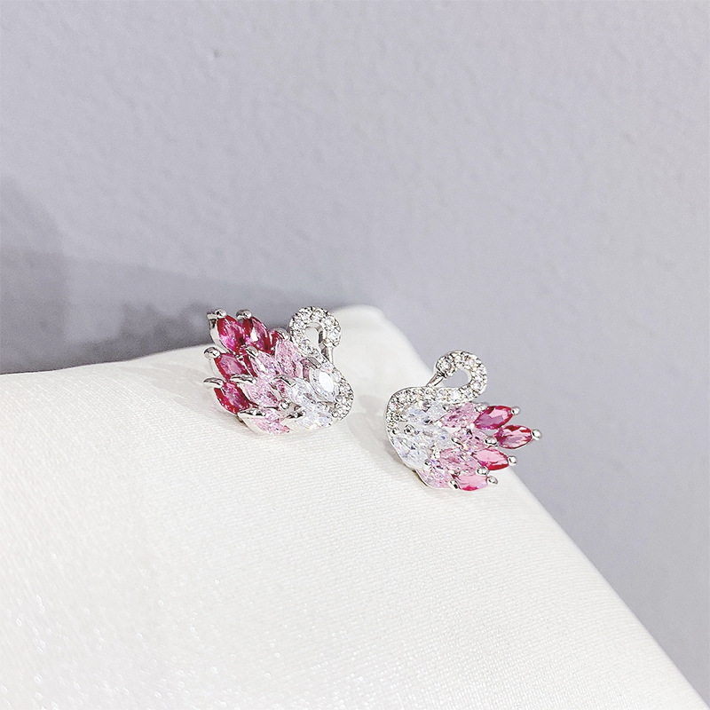 Fluffy duck S925 silver needle ear studs earrings forest style women swan zircon earrings small accessories