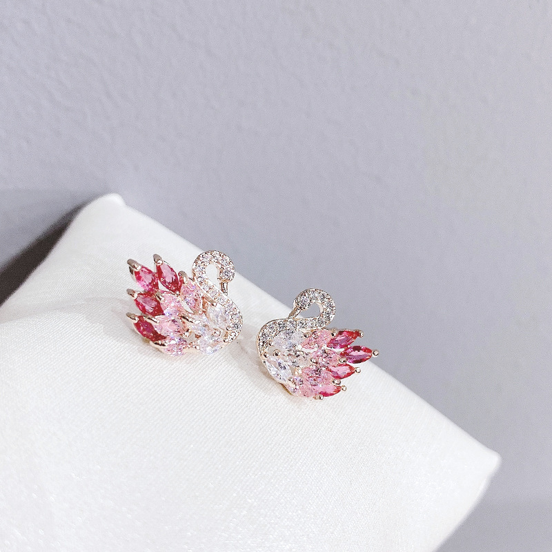 Fluffy duck S925 silver needle ear studs earrings forest style women swan zircon earrings small accessories