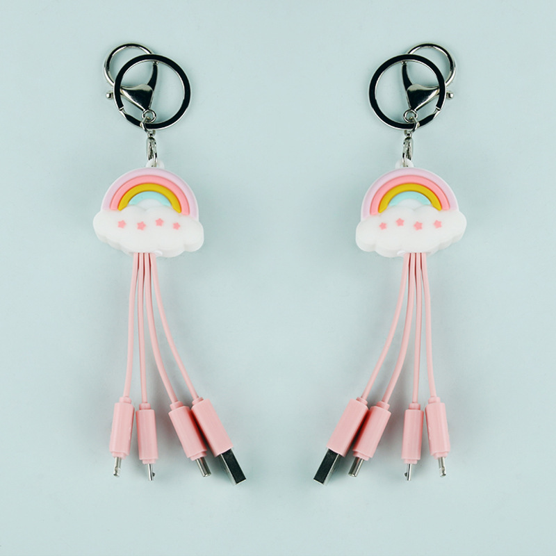 New Healing Rainbow Keychain Data Cable Compatible with Apple Android Type-C Charging Cable 3-in-1
