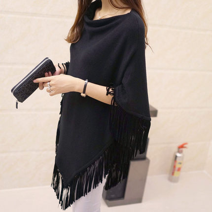 Spring Autumn New Irregular Mid-length Batwing Sweater Loose Tassel Pullover Knitted Sweater Cape Shawl Coat