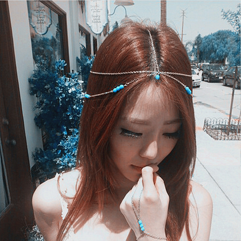 Bohemian Turquoise Beaded Multi-layer Tassel Chain Headband Hair Accessory
