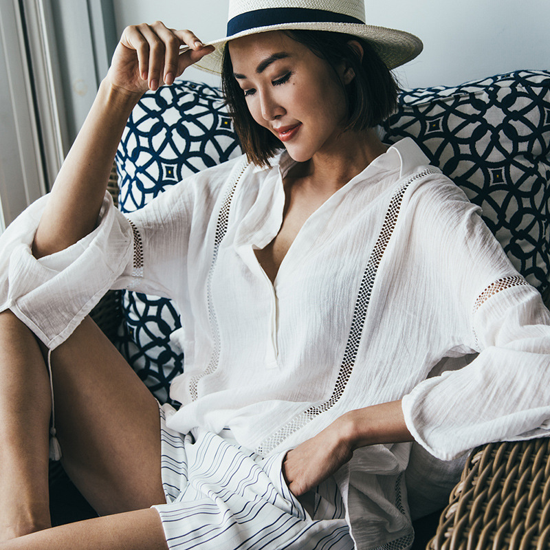 Rayon crinkle vertical stripe lace long sleeve beach sun protection women's loose bikini cover-up