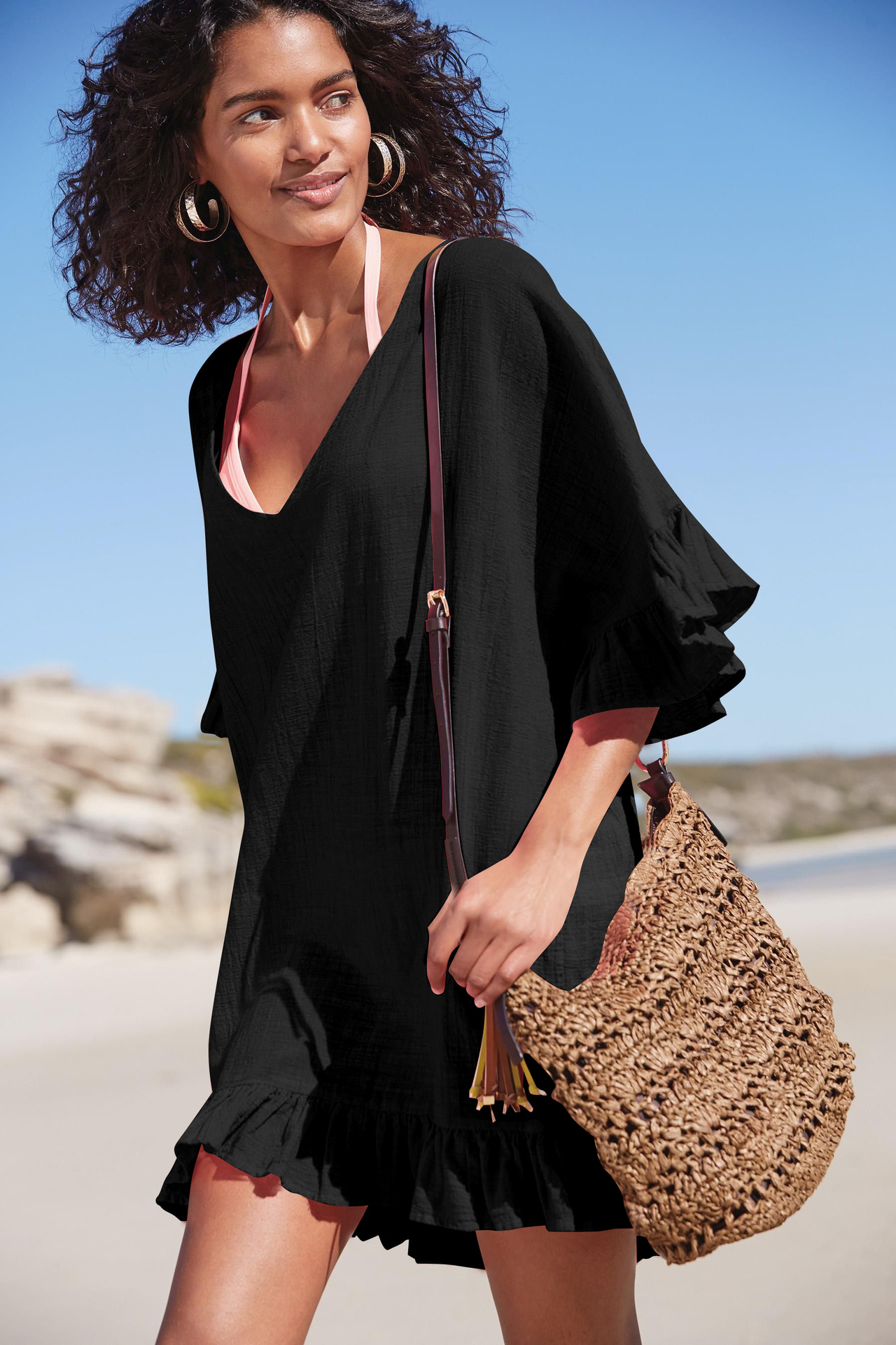 New bamboo cotton V-neck bikini cover-up beach cover-up vacation swimsuit outerwear women's sun protection