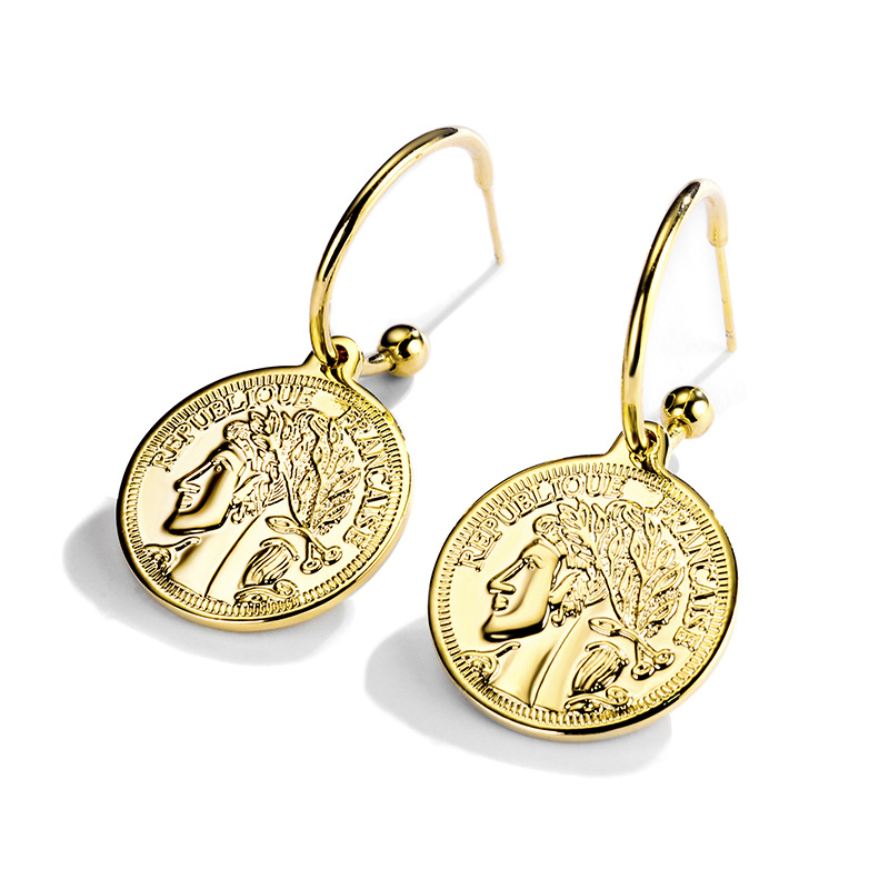 New Round Disc Earrings Women Gold Coin Coin Portrait Ear Hook Red Apple Earrings 821725