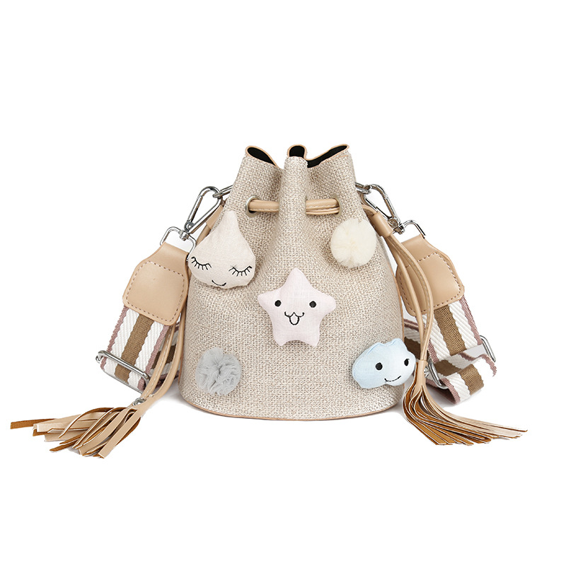 Cartoon Cute Girl Star Plush Linen Paper Straw Bag Drawstring Bucket Mother-Child Bag Two-Piece Set Fresh