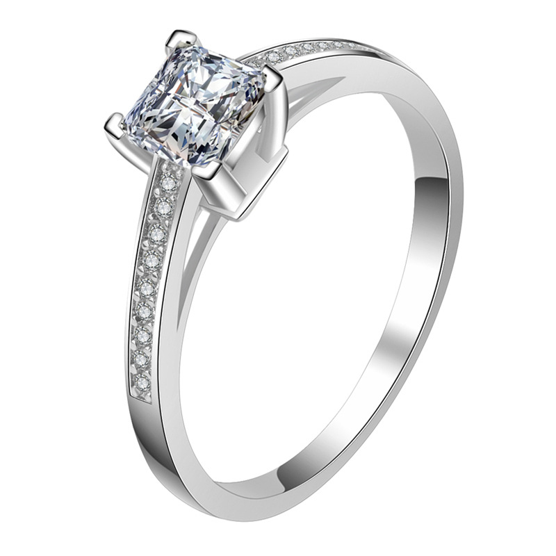 JZ027 Japanese and Korean Princess Square Diamond Ring Four-Prong Square Carat Diamond Ring for Women Simulated Diamond Ring Wedding Simple