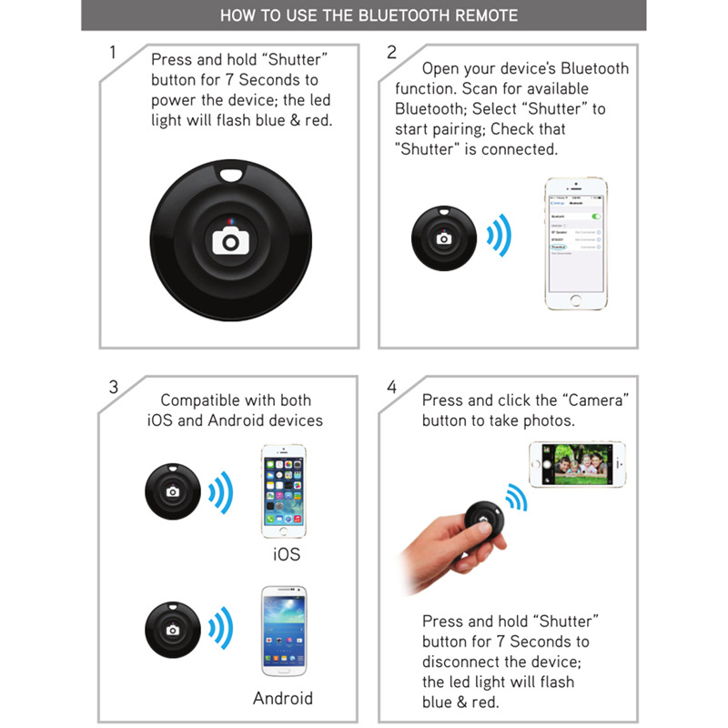 Wireless Remote Control Bluetooth Phone Selfie Shutter Smartphone Selfie Shutter Includes Selfie Stick Case