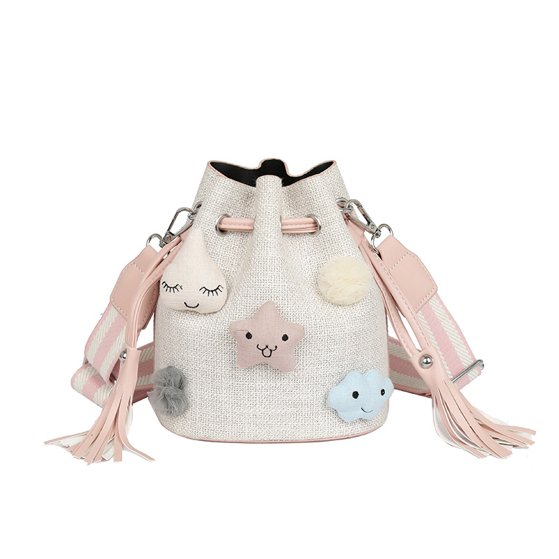 Cartoon Cute Girl Star Plush Linen Paper Straw Bag Drawstring Bucket Mother-Child Bag Two-Piece Set Fresh