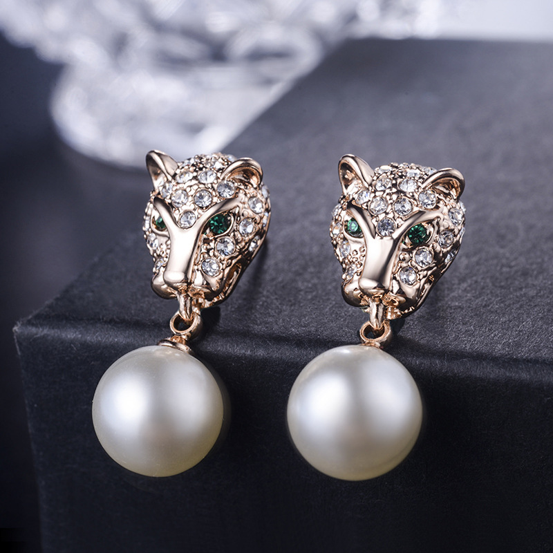 Exquisite Full Diamond Leopard Pearl Earrings Ear Accessories 321863