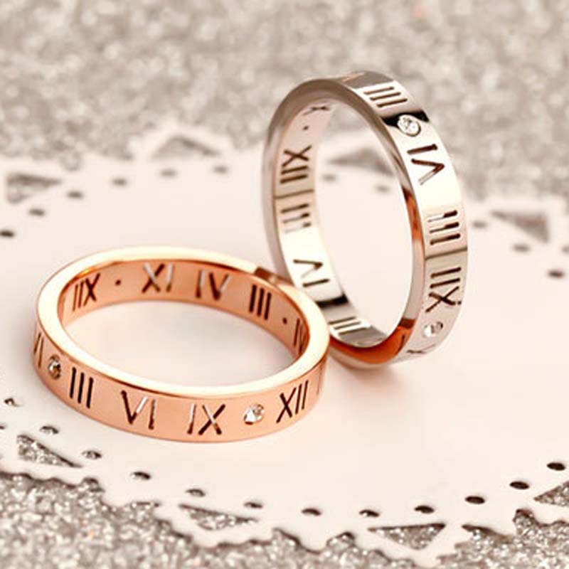 JZ031 Plated 18K Rose Gold Roman Numeral Diamond Couple Ring for Men and Women Pinky Ring Accessory