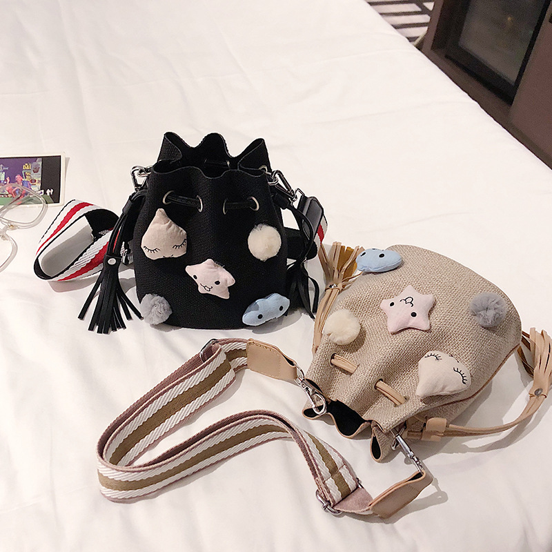 Cartoon Cute Girl Star Plush Linen Paper Straw Bag Drawstring Bucket Mother-Child Bag Two-Piece Set Fresh