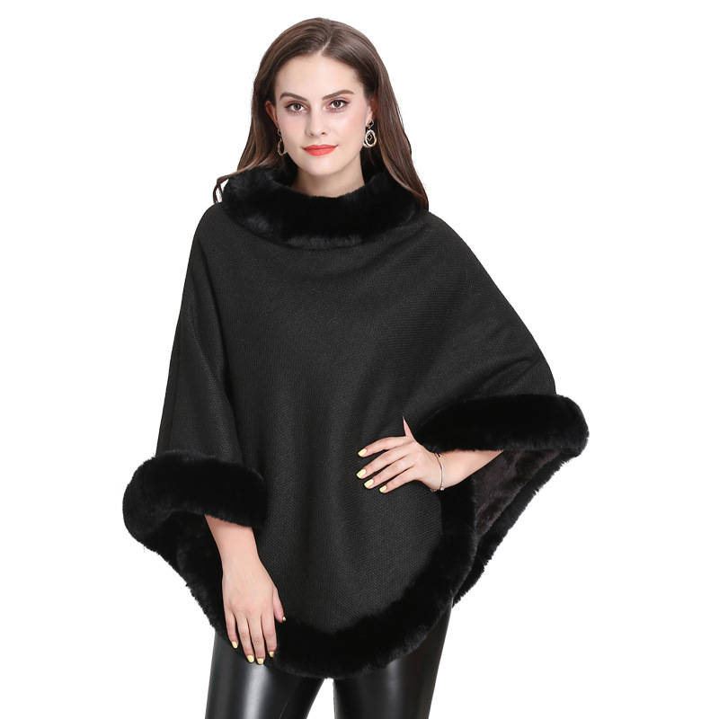 2021 New Imitation Fox Fur Collar Fleece Lined Round Neck Pullover Cape Knitted Cape Shawl Women 1522#
