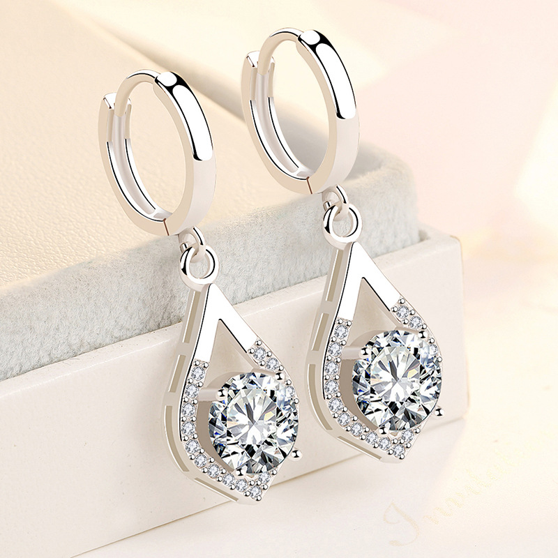Long earrings, new water drop earrings, white copper silver-plated earrings with diamonds, flower earrings for women