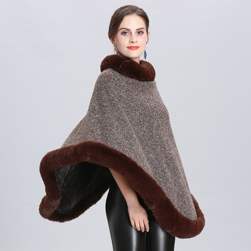 2021 New Imitation Fox Fur Collar Fleece Lined Round Neck Pullover Cape Knitted Cape Shawl Women 1522#