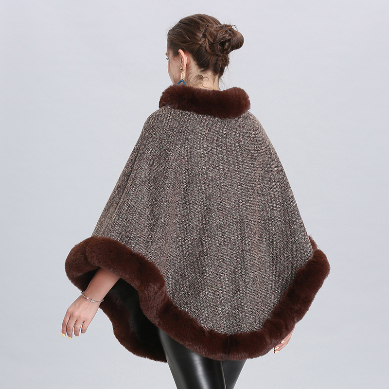 2021 New Imitation Fox Fur Collar Fleece Lined Round Neck Pullover Cape Knitted Cape Shawl Women 1522#