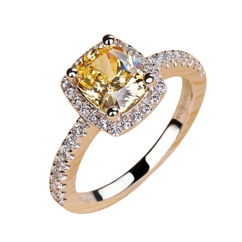JZ008 High simulation diamond gold-plated ring women's ladies colorful yellow carat cushion square diamond wedding ring marriage